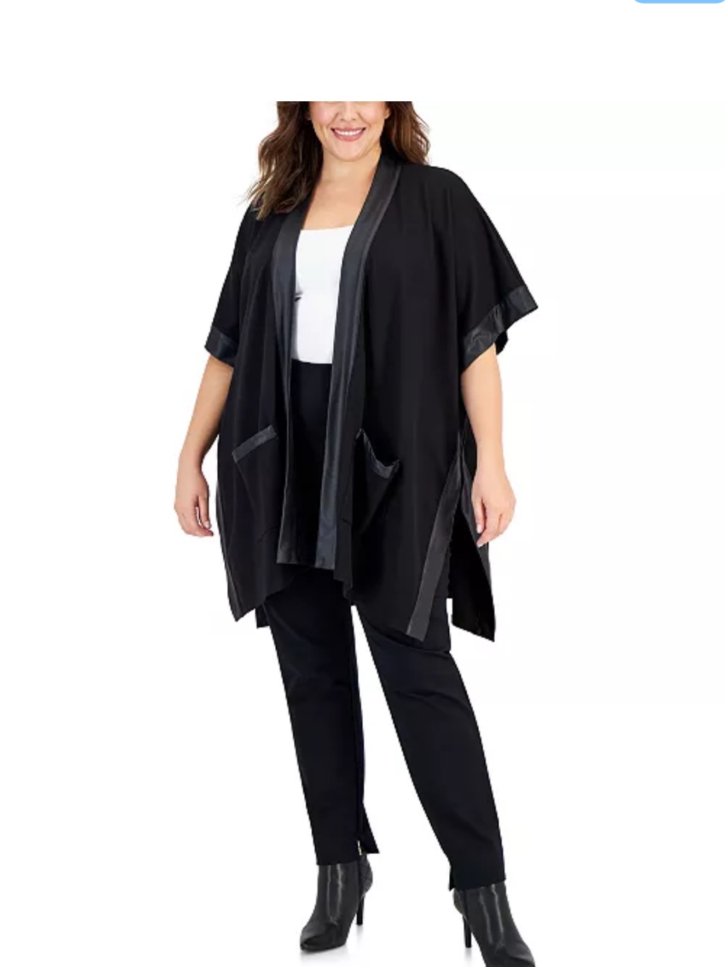 Anne Klein Black Satin-Trim Open Front Cape With Pockets